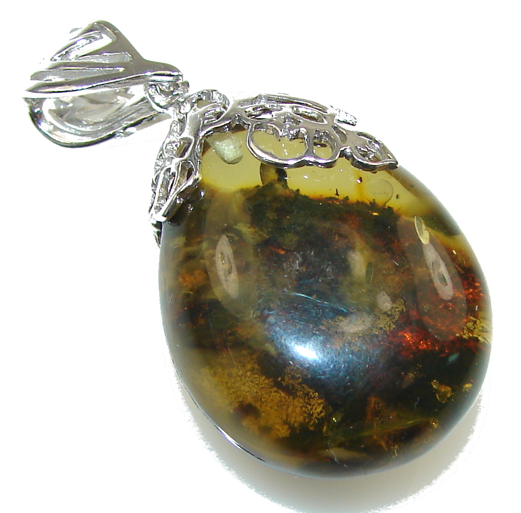Amazing Green Polish Baltic Amber Sterling Silver pendant