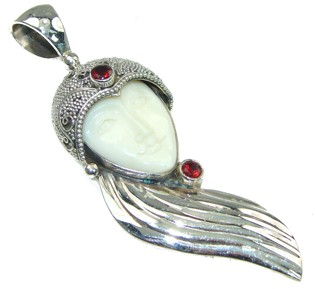 Big! Fashion White Moonface, Garnet Sterling Silver Pendant