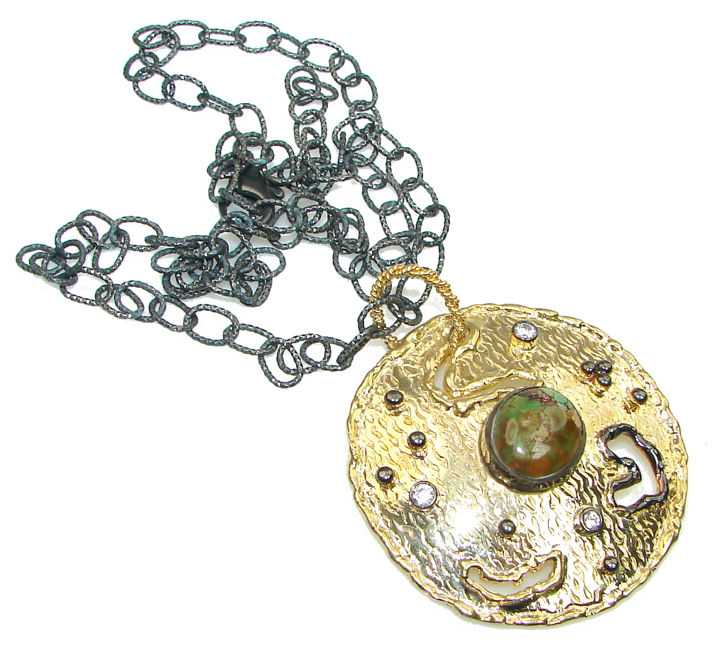 Gallery Piece Corrico Lake Green Turquoise, Rhodium Plated, Gold Plated Sterling Silver Necklace