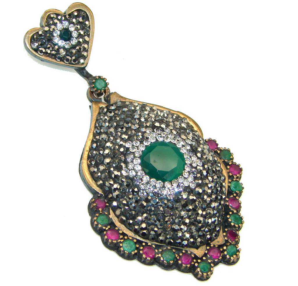 Victorian Style! Green Emerald, Ruby, White Topaz Sterling Silver Pendant