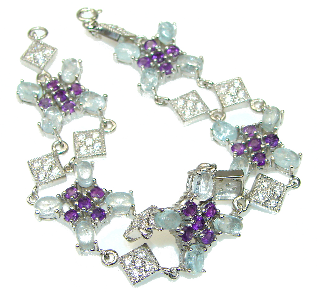 Protection For Them On Water! Natural Blue Aquamarine & Amethyst Sterling Silver Bracelet