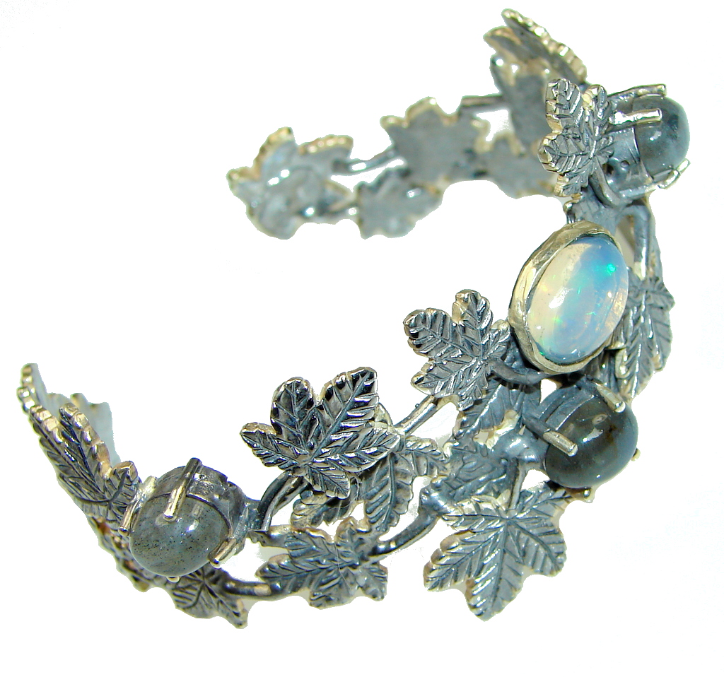 Transformation And Magic! Natural Blue Labradorite & Opal, Rhodium Plated Sterling Silver Bracelet / Cuff