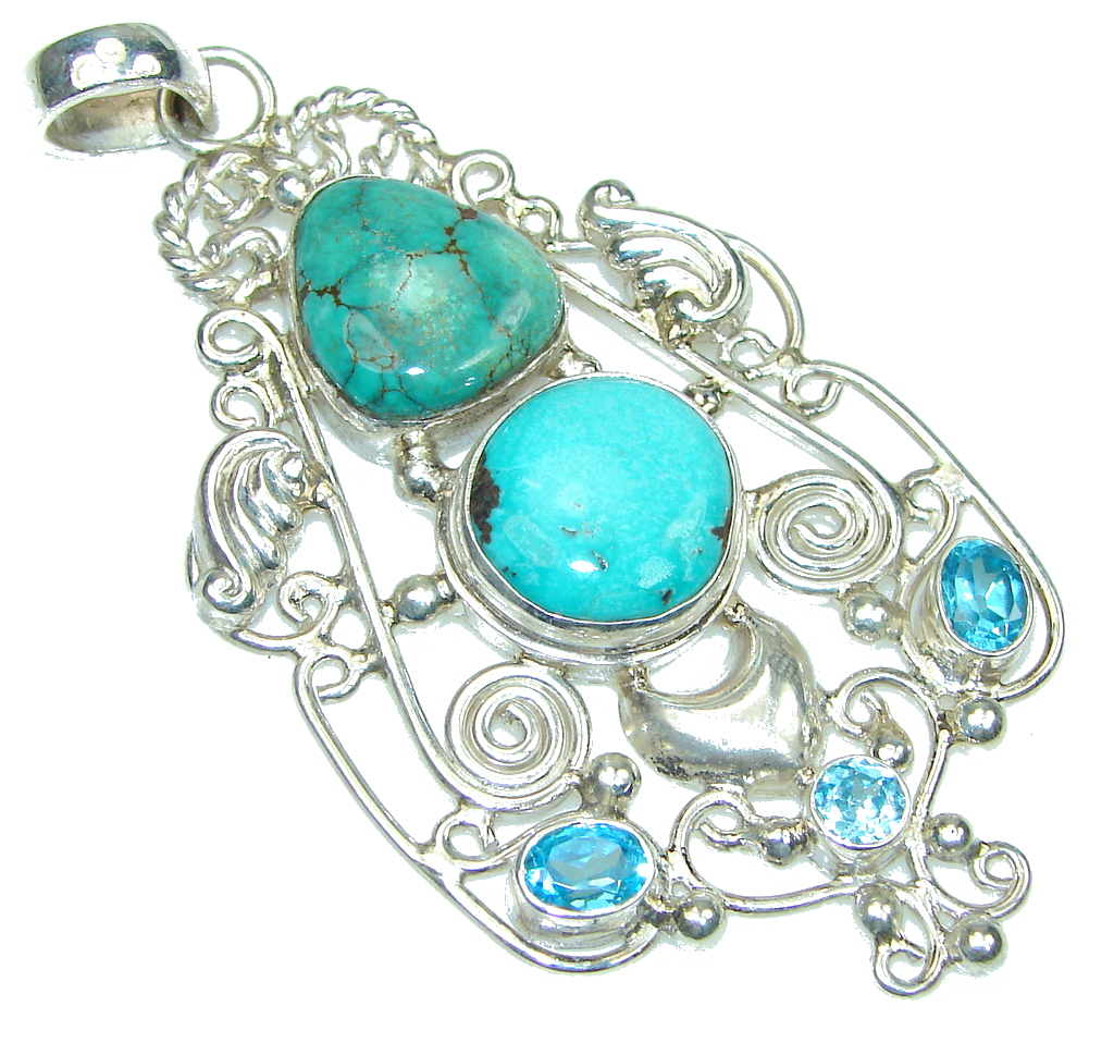 Big! Fresh Water! Blue Turquoise Sterling Silver Pendant