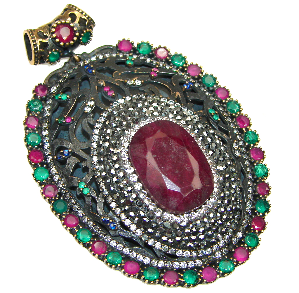 Big! Victorian Style! Green Emerald, Ruby, White Topaz Sterling Silver Pendant