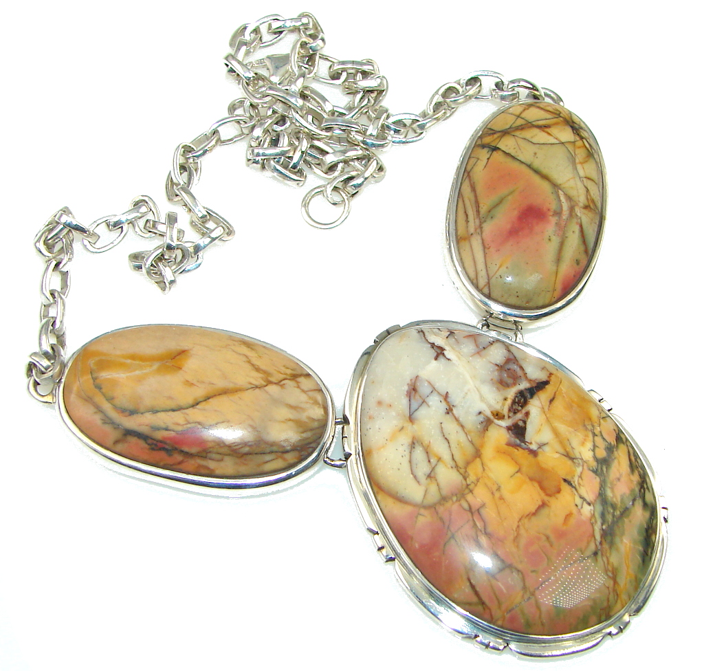 Handmade Artisan Sterling Silver 925 Necklace with unique one of a kind Red Creek Jasper,  71.90 grams of marvelous handcrafted jewelry design. Only one piece availble ready to ship! It's unique worldwide necklace - simply piece of art in world of fine jewelry. Beautiful! Red Creek Jasper Sterling Silver Necklace  NECKLACE DETAILS: Weight: 71.90g; Material: Sterling Silver; Main stone: Red Creek Jasper; Inner circumference: 16 inch; Drop Part: 2 1/8 inch; Clasp: lobster; Stamp / Mark: 925; Condition: New; Main color: brown; Shape: oval; Collection: Southwest;  Item Code: 31-sie-15-2