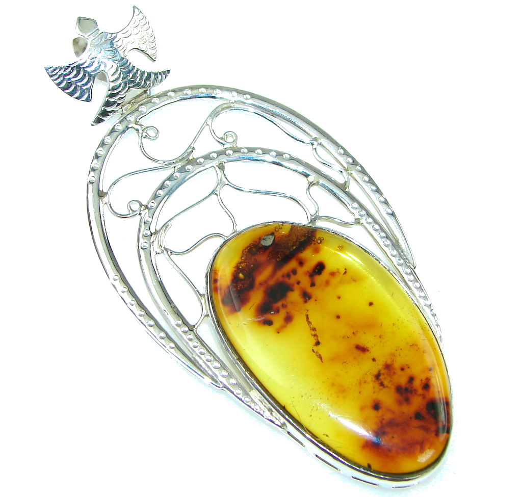 Large! Fashion Green Polish Amber Sterling Silver pendant
