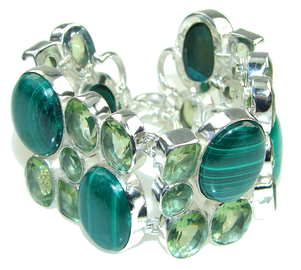 Spring Garland! Malachite, Green Lime Citrine Sterling Silver Bracelet