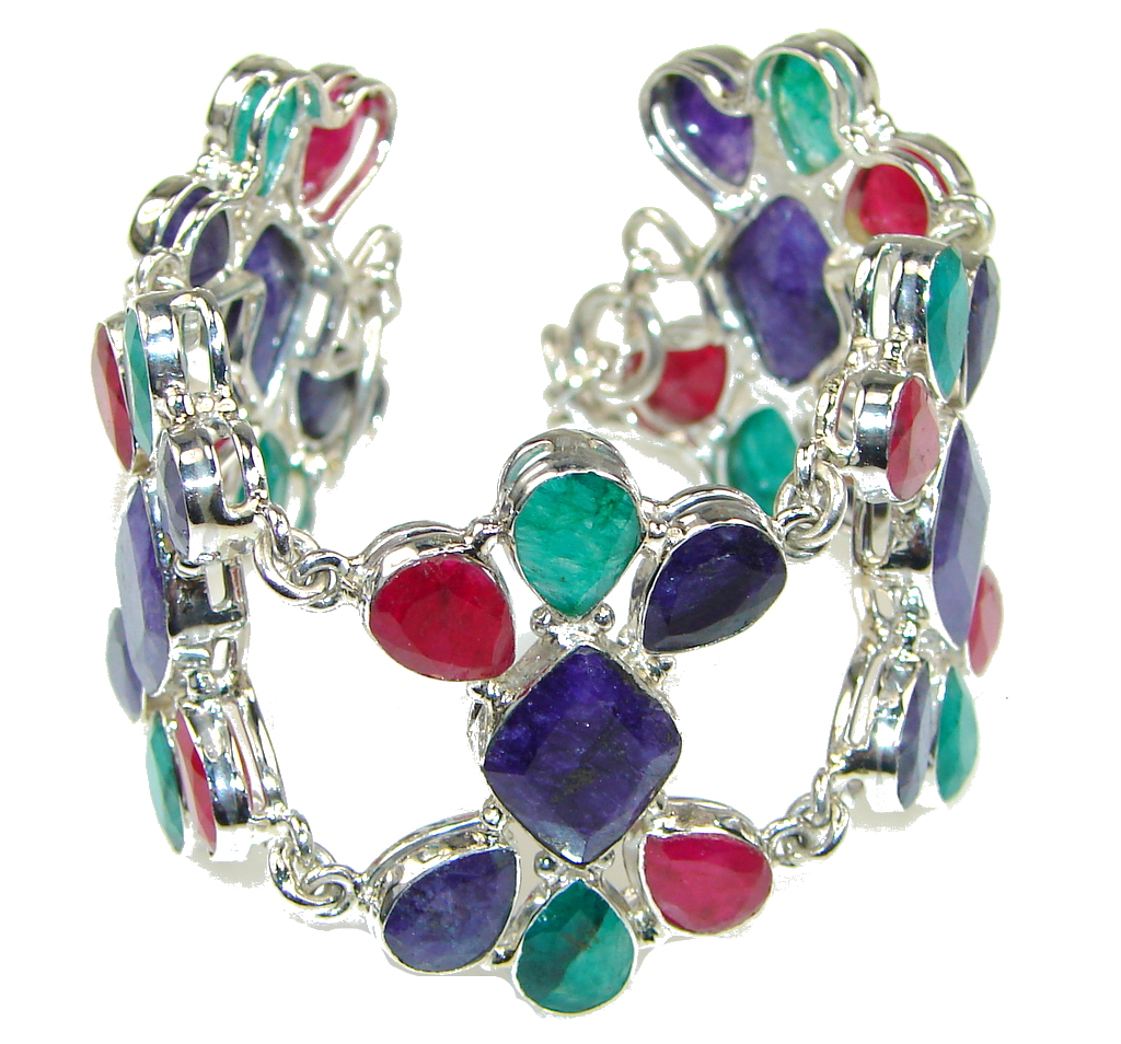 Pale Beauty! Pink Ruby, Sapphire, Emerald Sterling Silver Bracelet
