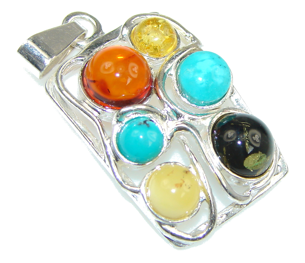 Amazing! Baltic Polish Multicolor Amber, Turquoise Sterling Silver Pendant