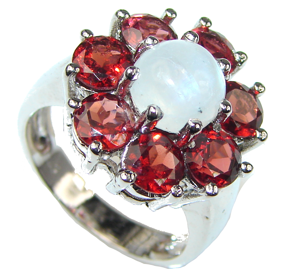 Amazing! White Moonstone, Garnet Sterling Silver ring s. 8