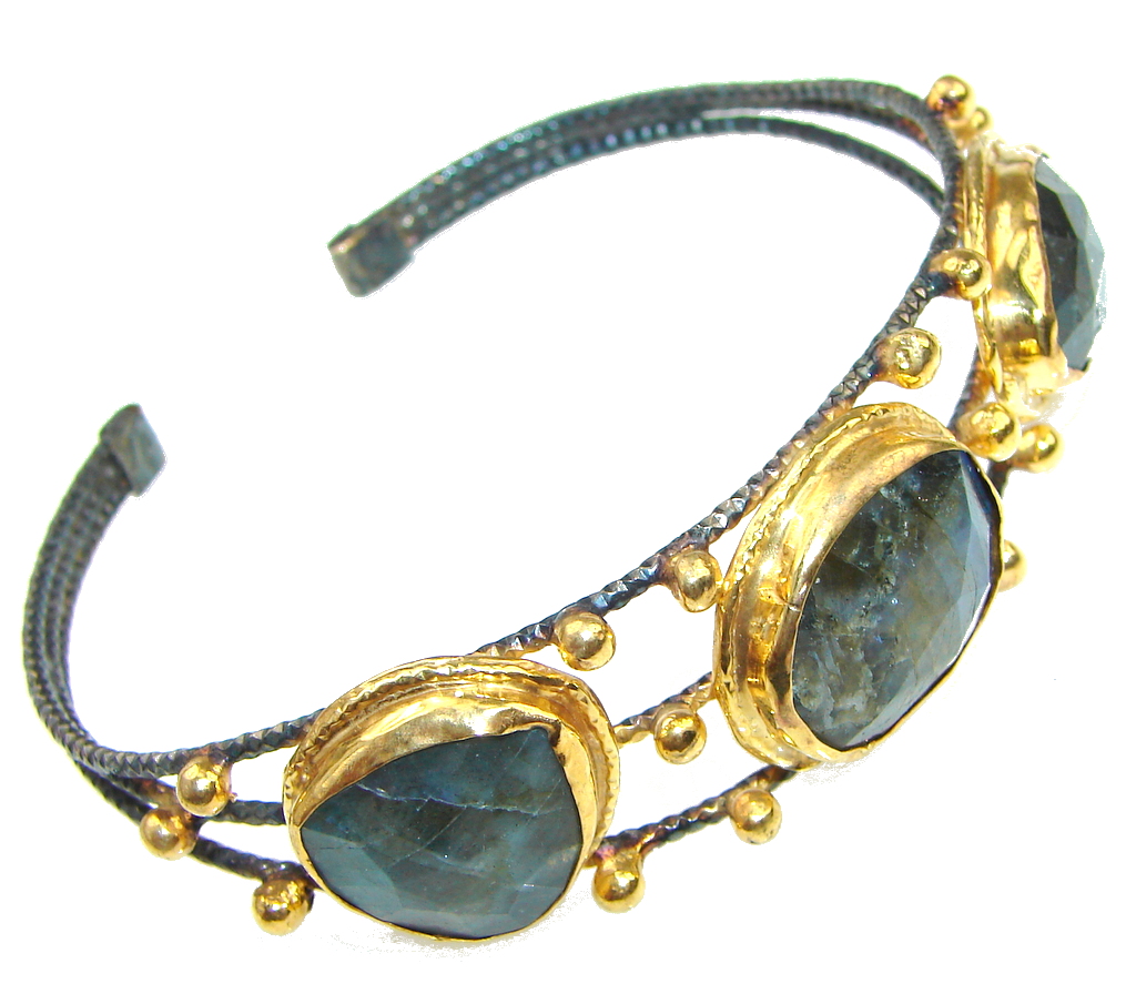 Italy Made! Stunning Blue Labradorite, Rhodium Plated, Gold Plated Sterling Silver Bracelet / Cuff