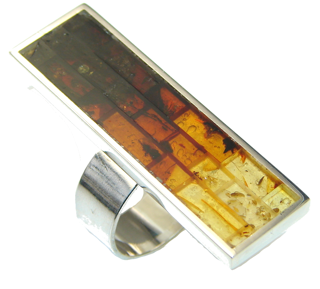Big! Amazing Mosaic Brown Polish Amber Sterling Silver Ring s. 6 1/4