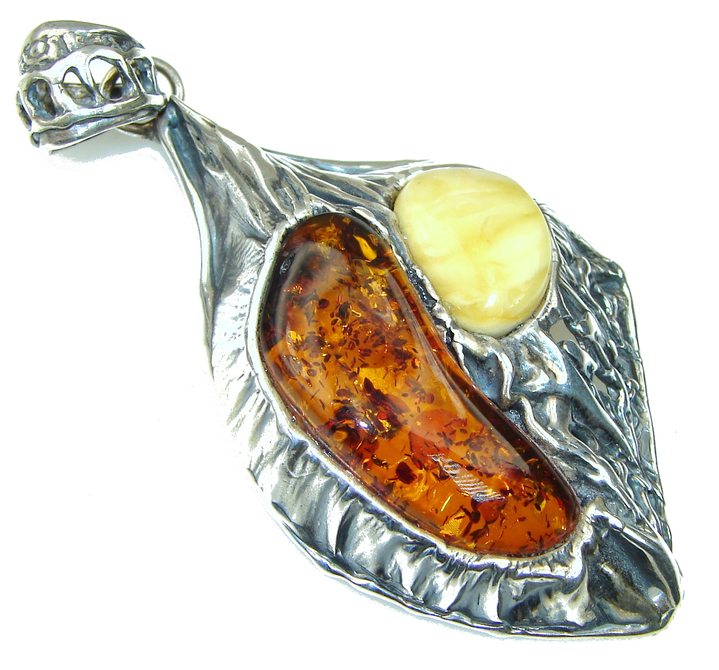 Big! Vintage Style! Brown & Butterscotch Amber Sterling Silver Pendant