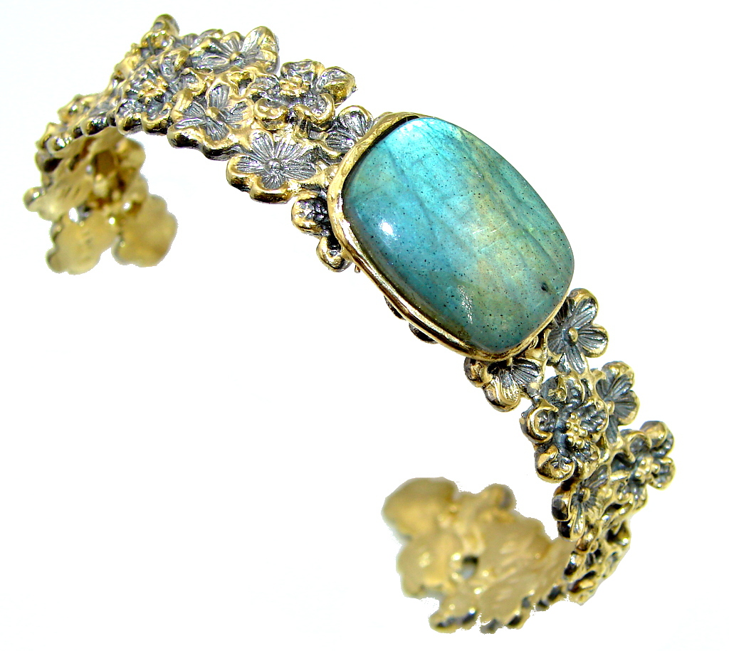 Italy Made! Amazing Blue Labradorite, Rhodium Plated, Gold Plated Sterling Silver Bracelet / Cuff