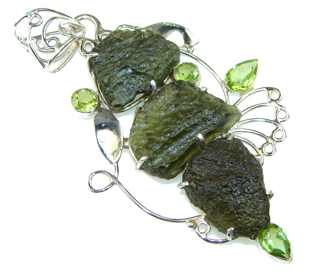 Excellent! Green Moldavite, Peridot Sterling Silver Pendant