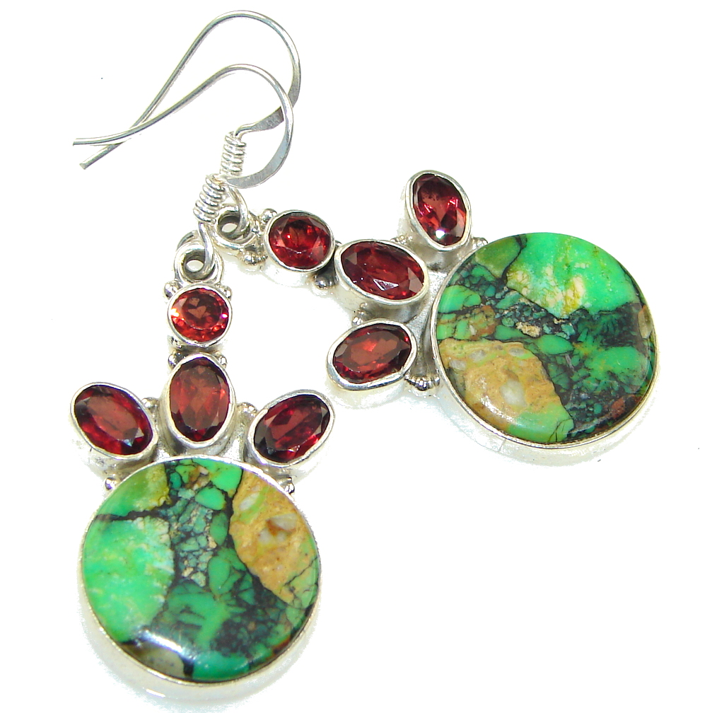 Classy Green Turquoise, Garnet Quartz Sterling Silver earrings