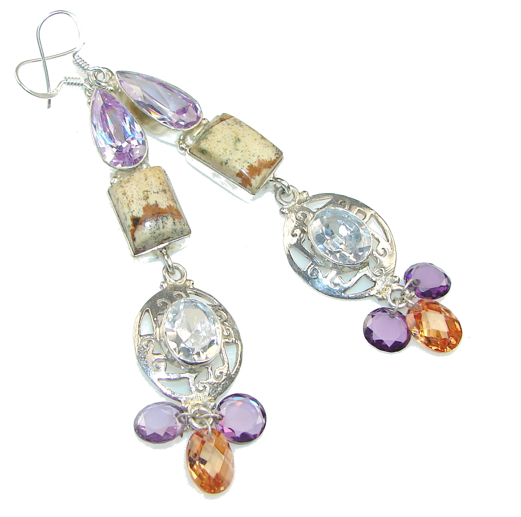 Fashion Design! Picture Jasper, Quartz Sterling Silver earrings / Long