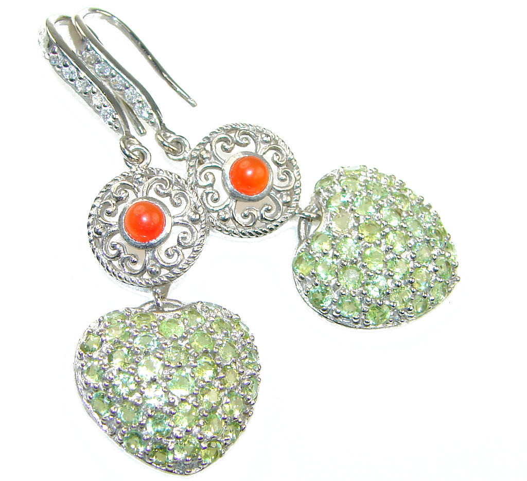 Bali Style! Green Peridot, Orange Carnelian Sterling Silver earrings