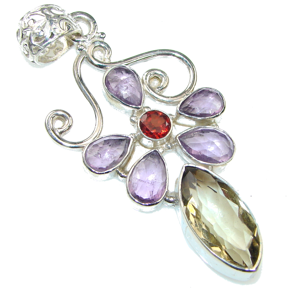 Amazing Purple Amethyst, Citrine, Garnet Sterling Silver Pendant