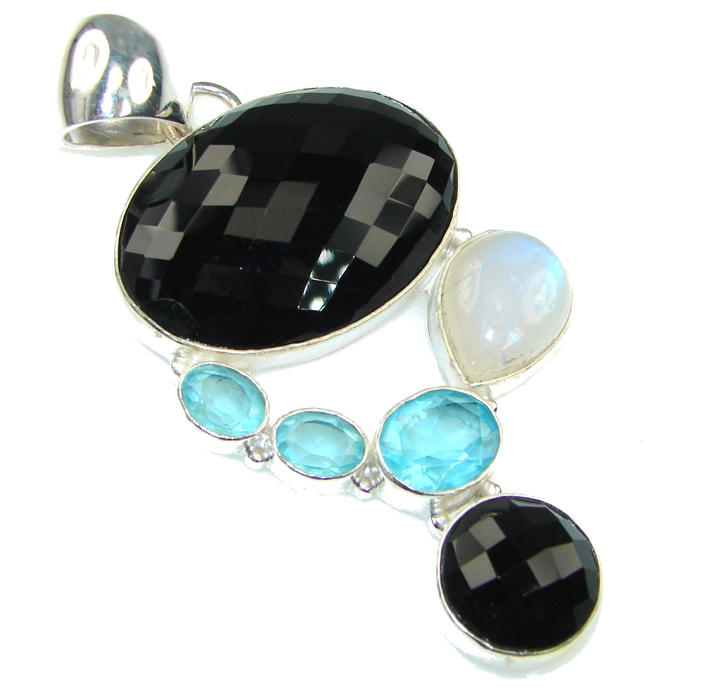 Big! Charming Black Onyx, Swiss Blue Topaz, Moonstone Sterling Silver Pendant