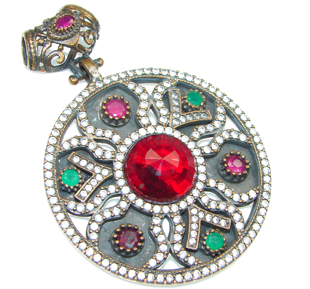 Victorian Style! Green Emerald, Ruby, White Topaz Sterling Silver Pendant