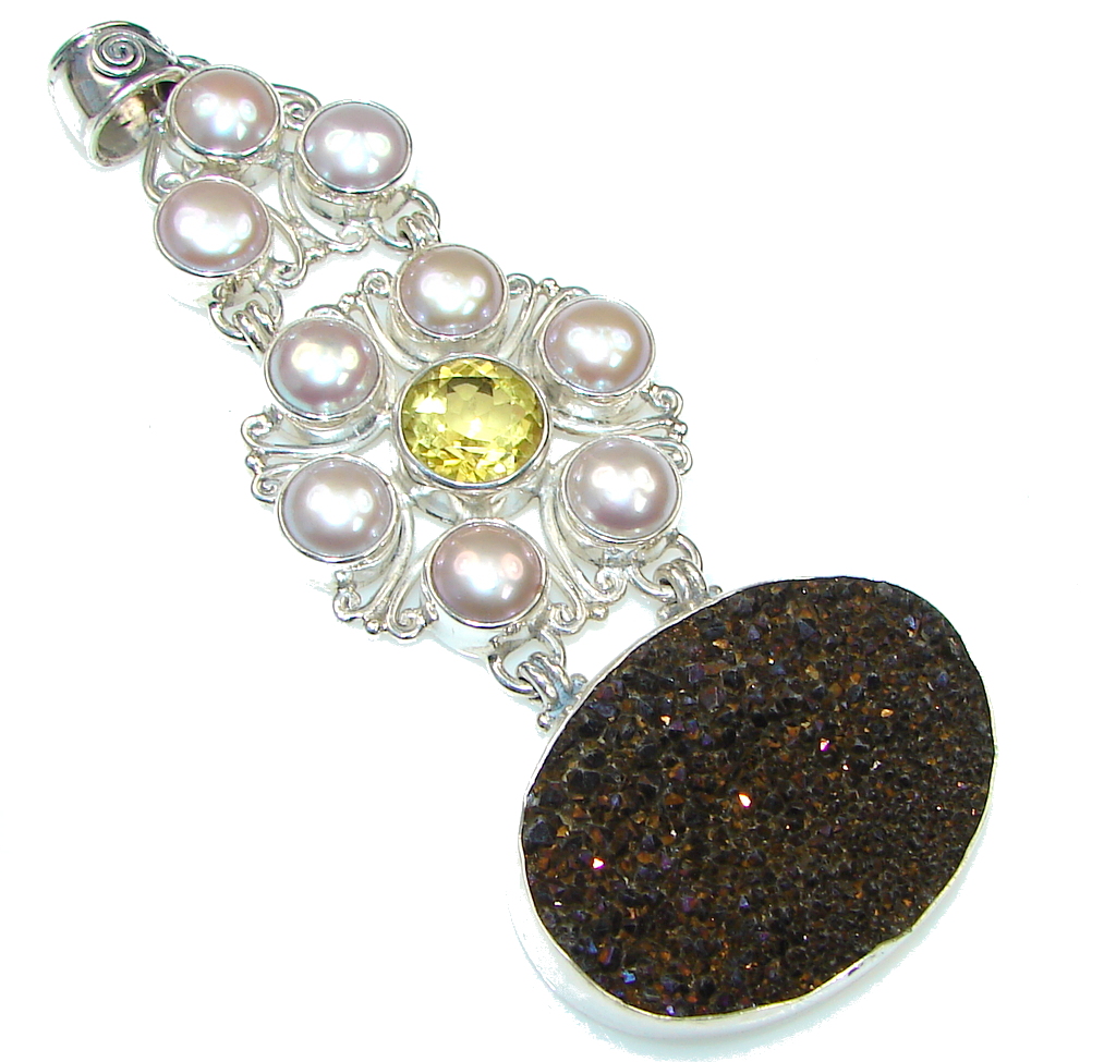 Big! Pearl Citrine Agate Druzy Sterling Silver Pendant