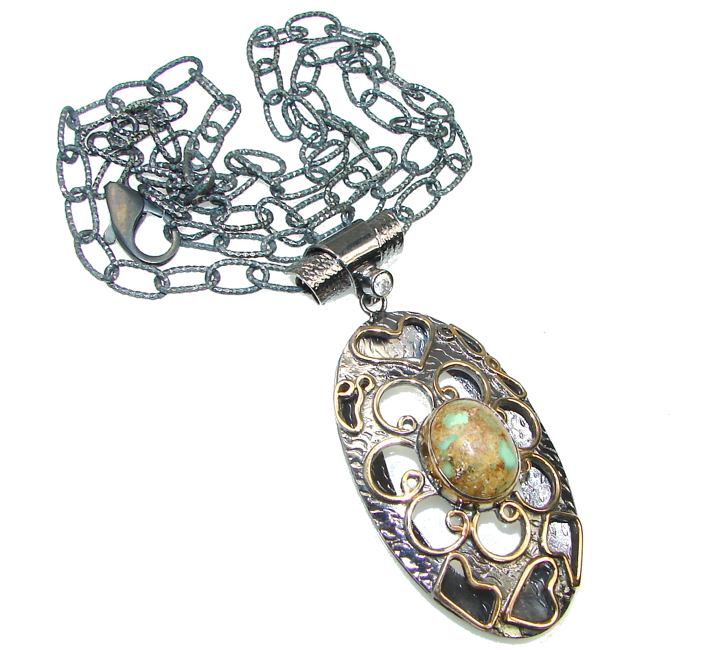 Gallery Piece Corrico Lake Green Turquoise, Rhodium Plated, Gold Plated Sterling Silver Necklace