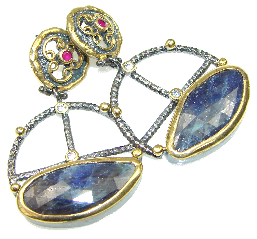Large! Italy Made Blue Sapphire, White Topaz, Ruby, Rhodium Platedf, Gold Plated Sterling Silver earrings
