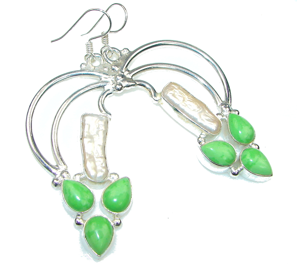 Big! Stylish Green Gaspatite, Mother Of Pearl Sterling Silver earrings