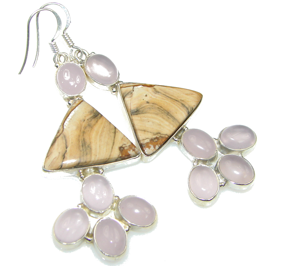 Stylish! Picture Jasper, Rose Quartz Sterling Silver earrings / Long