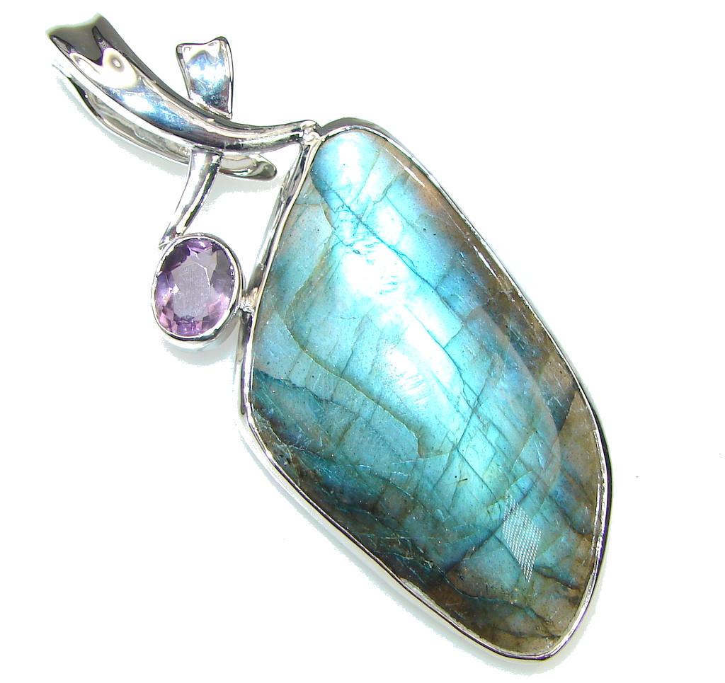 Beautiful! AAA Blue Labradorite, Amethyst Sterling Silver Pendant