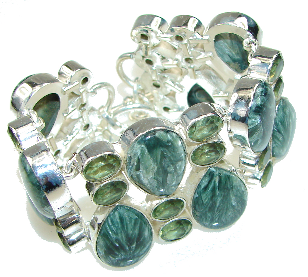 Queen Of Nature! Green Seraphinite, Peridot Sterling Silver Bracelet