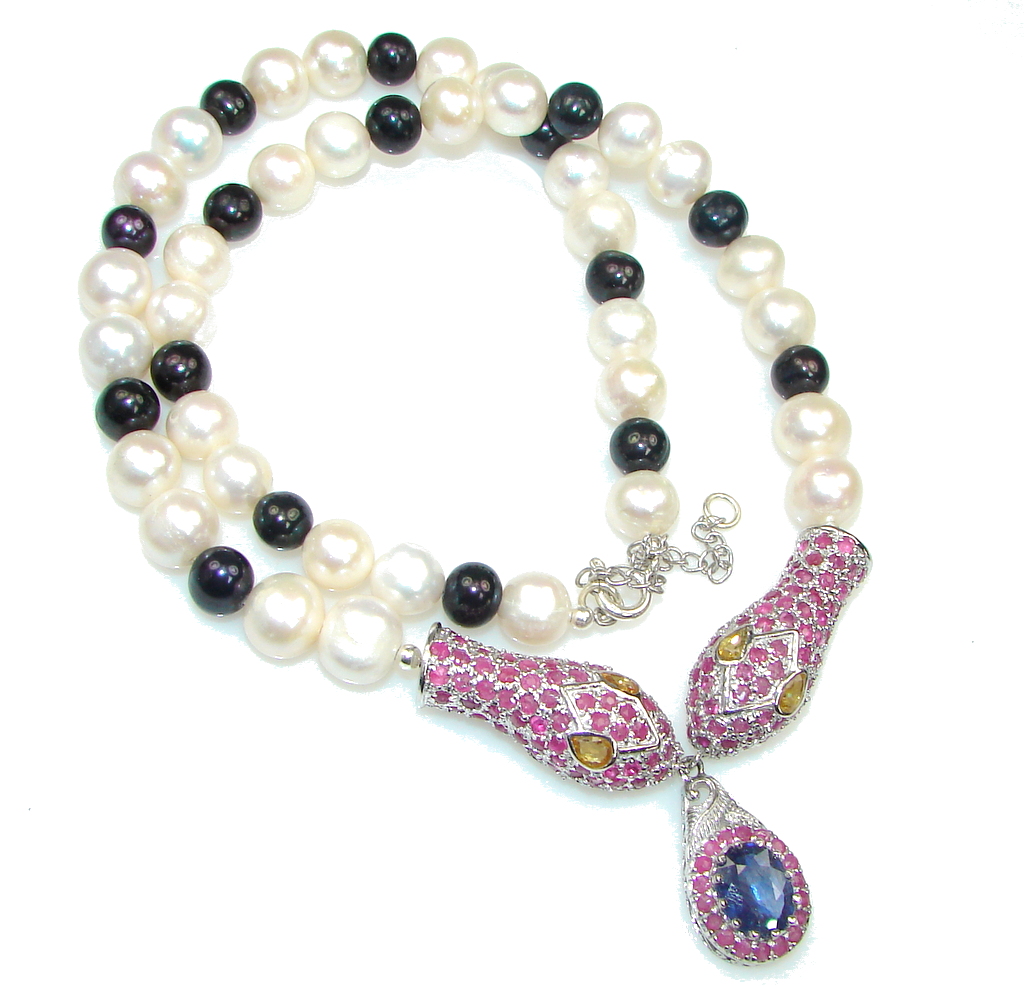 Exclusive! Fresh Water Pearl & Ruby & Sapphire Sterling Silver Necklace