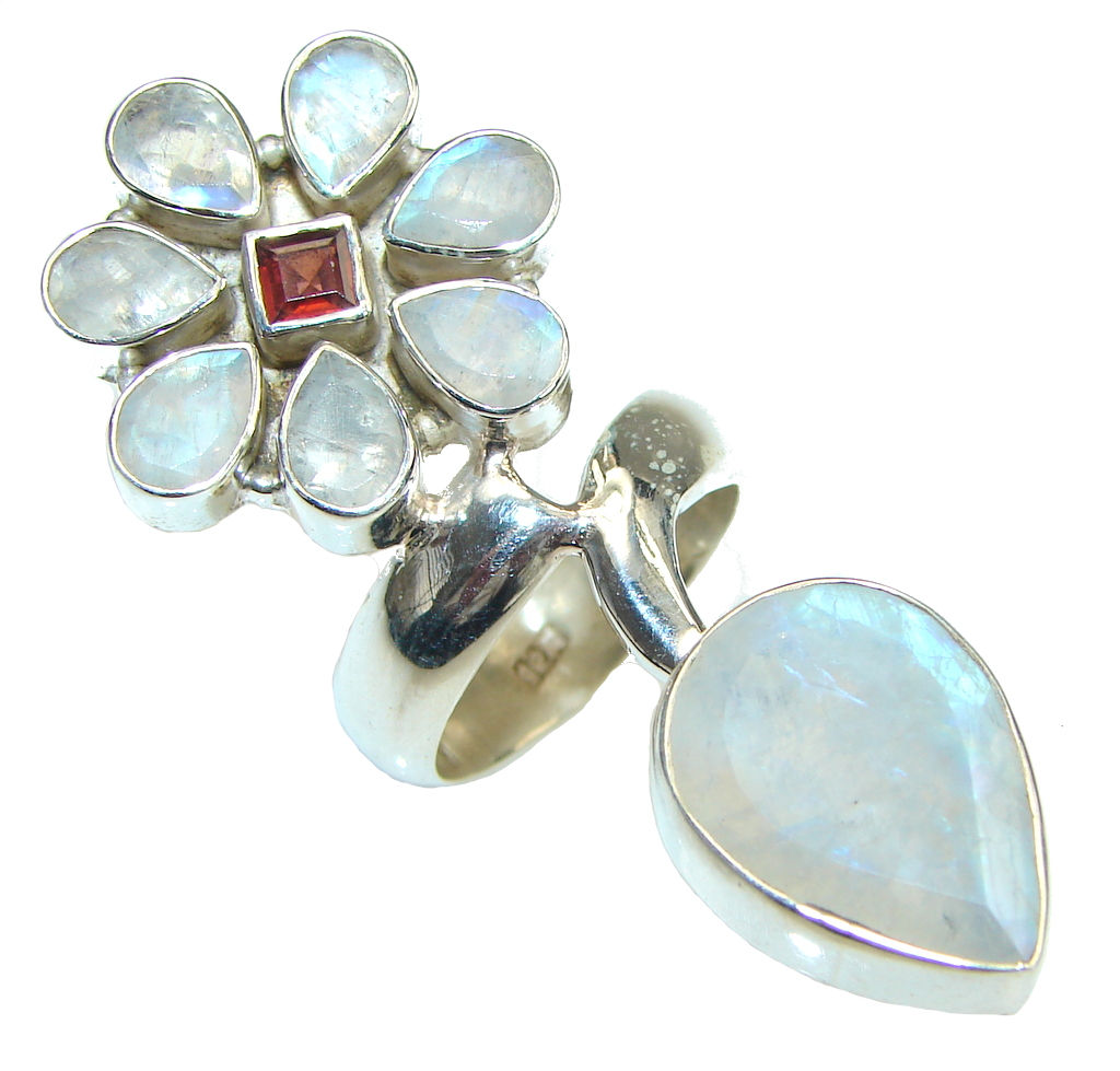 Large! Flower Design! White Moonstone Sterling Silver ring s. 7 1/4