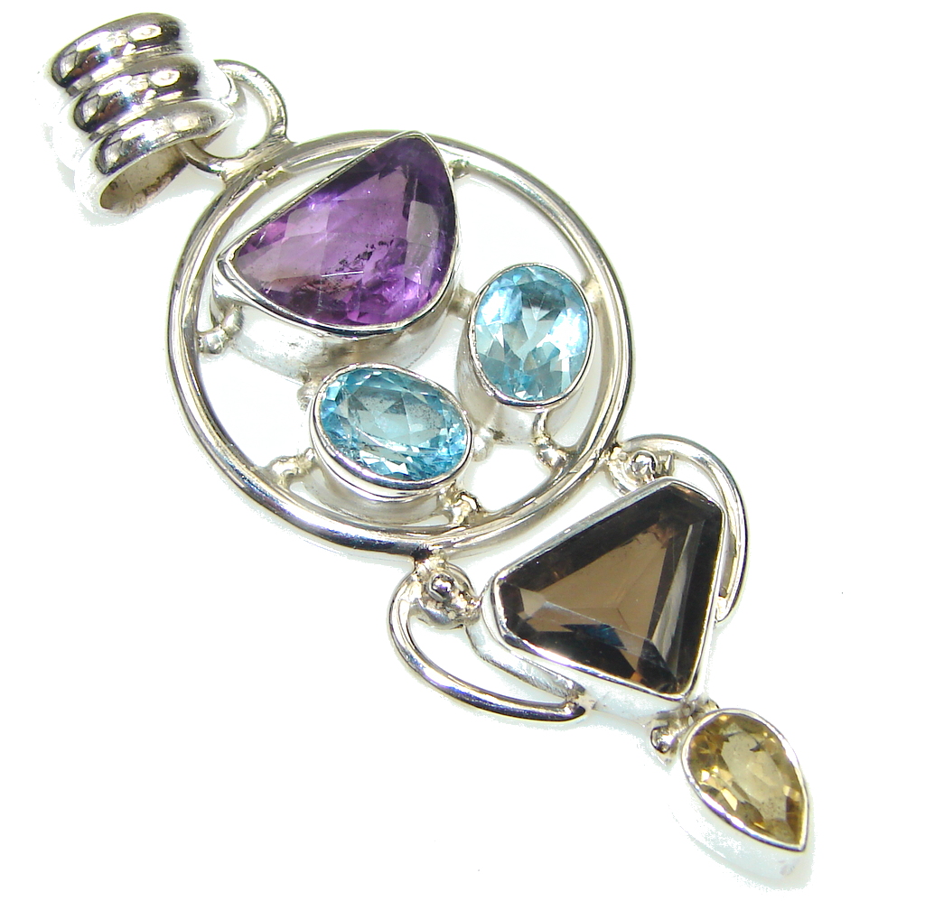 Amazing! Amethyst & Smoky Topaz & Citrine & Blue Topaz Sterling Silver Pendant