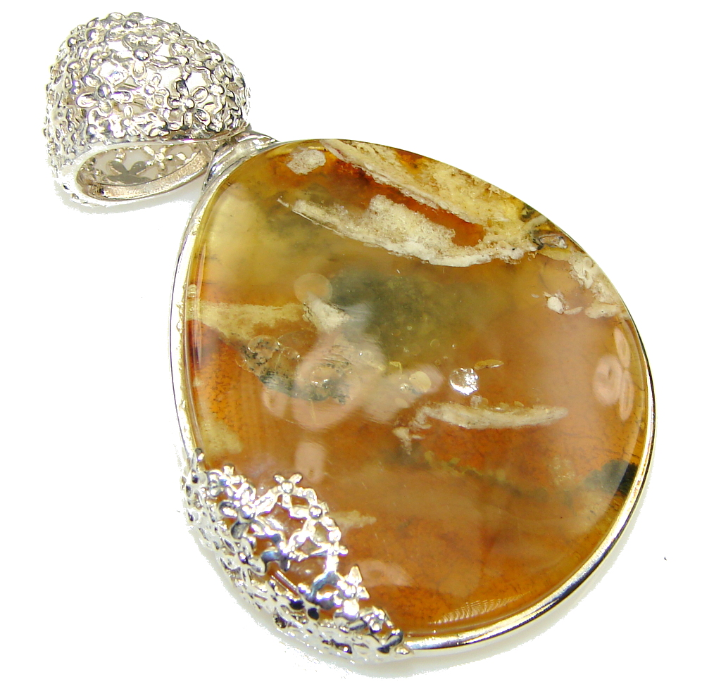 Fancy Design! Baltic Polish Amber Sterling Silver Pendant
