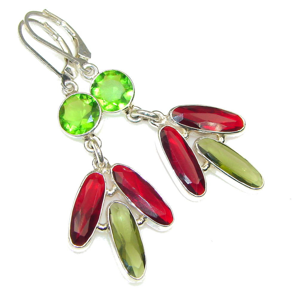 Green Island! Created Green Peridot, Garnet Quartz Sterling Silver earrings
