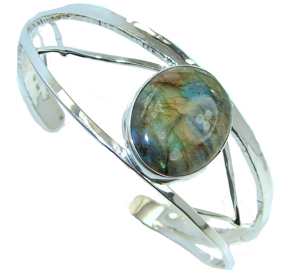 Natural AAA Blue Labradorite Hammered Sterling Silver Bracelet / Cuff