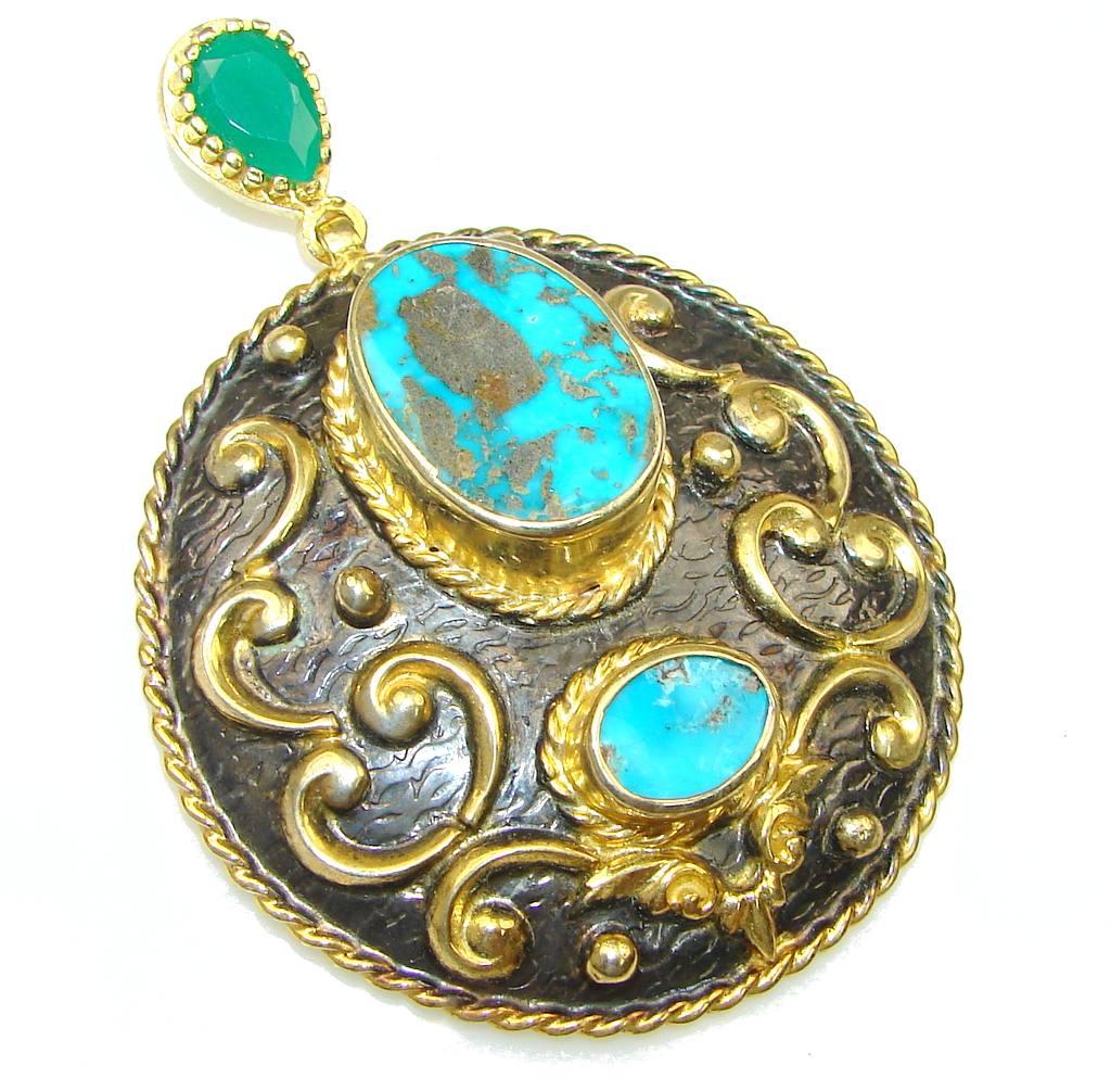 Large! Italy Made! Stunning Blue Turquoise, Gold Plated, Rhodium Plated Sterling Silver Pendant