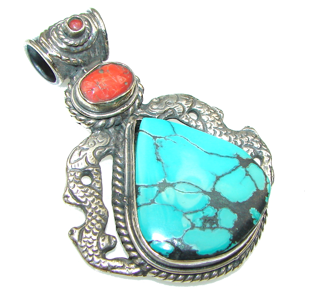 Big! Stylish Design! Blue Turquoise Sterling Silver Pendant