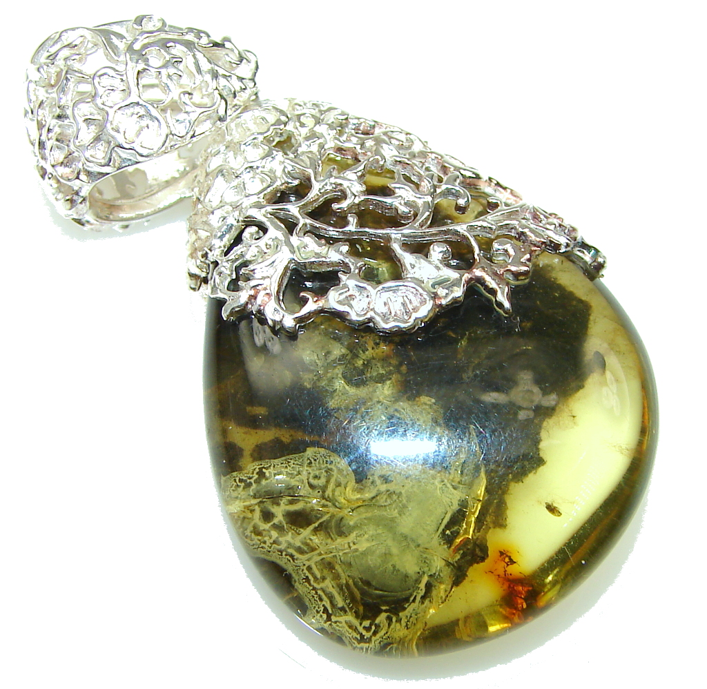 Beautiful! Green Baltic Polish Amber Sterling Silver Pendant