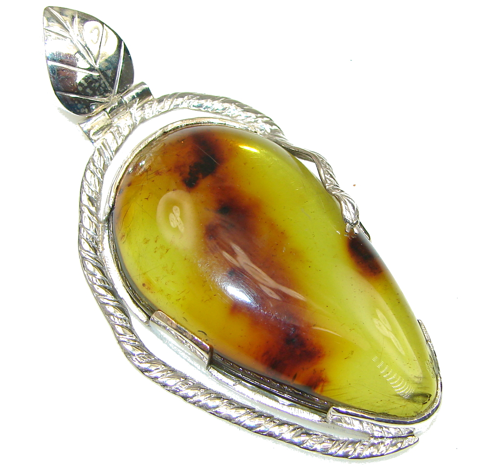 Big! Natural Green Polish Amber Sterling Silver Pendant