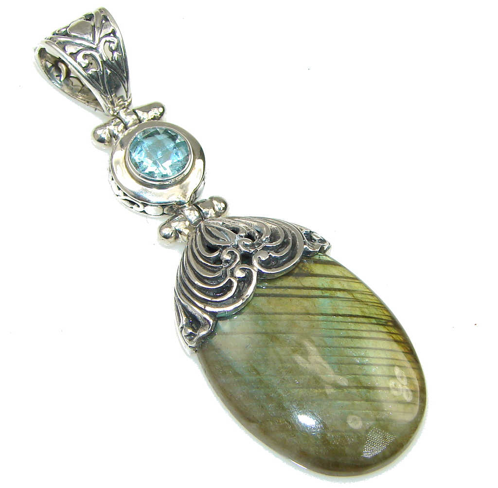 Big! Bali Secret! AAA Blue Labradorite & Swiss Blue Topaz Sterling Silver Pendant