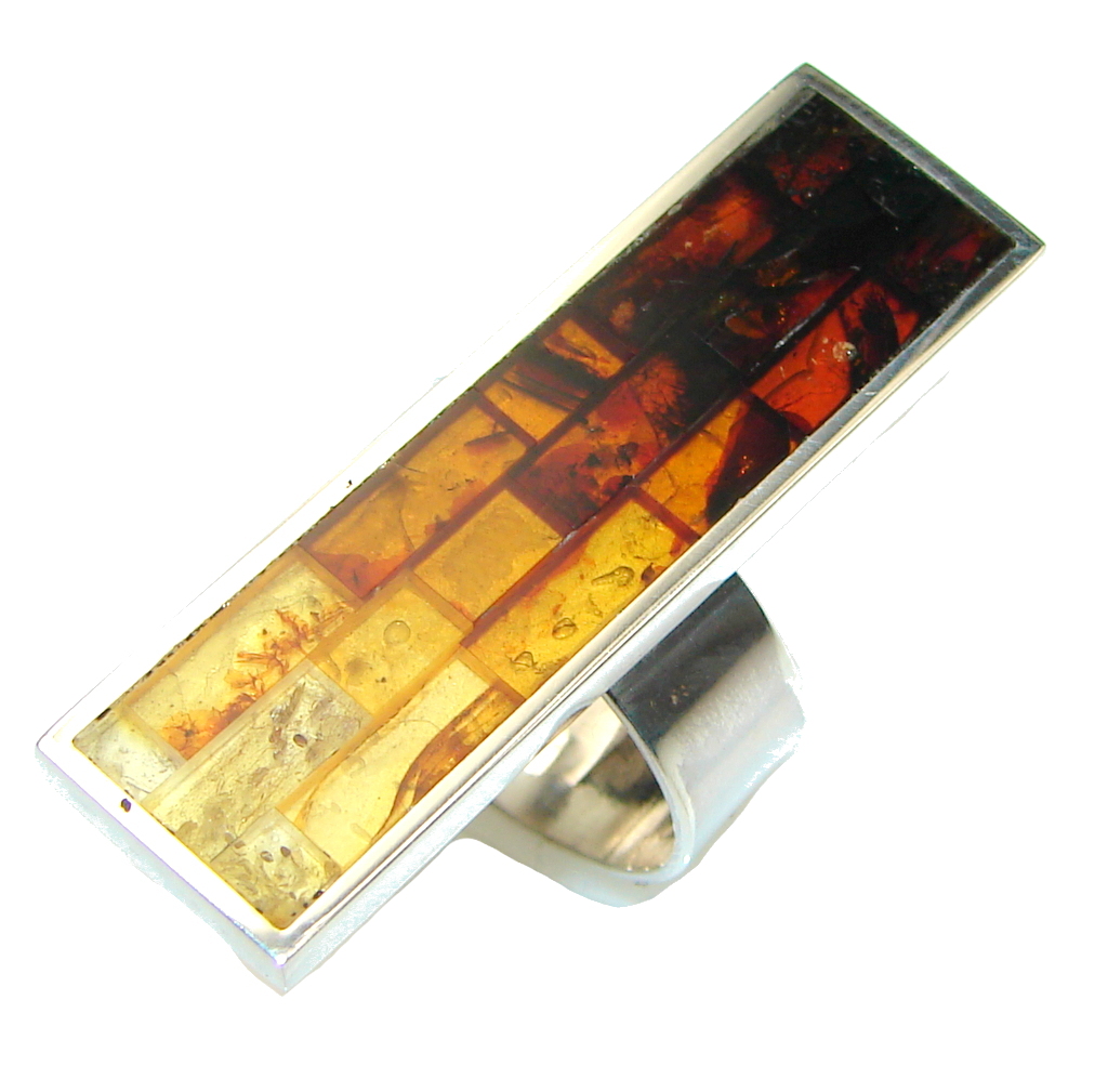 Big! Amazing Mosaic Brown Polish Amber Sterling Silver Ring s. 8