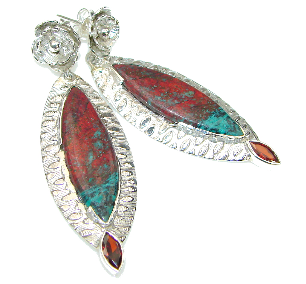 Amazing! Red Sonora Jasper & Garnet Sterling Silver Earrings / Long