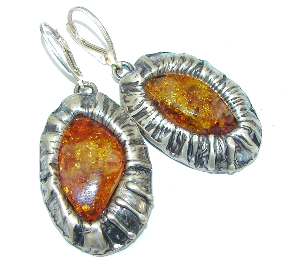 Big! Fashion Design!! Brown Amber Sterling Silver earrings