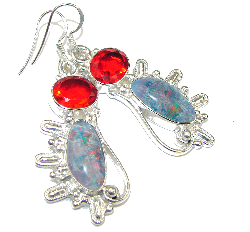 Amazing! Created Fire Opal & Red Quartz Sterling Silver earrings