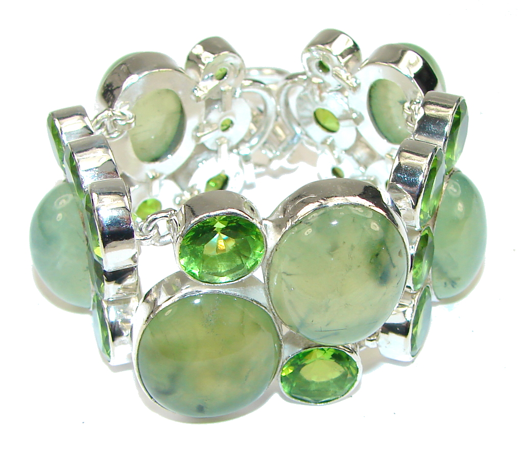 Fresh Green! Moss Prehnite & Created Peridot Sterling Silver Bracelet