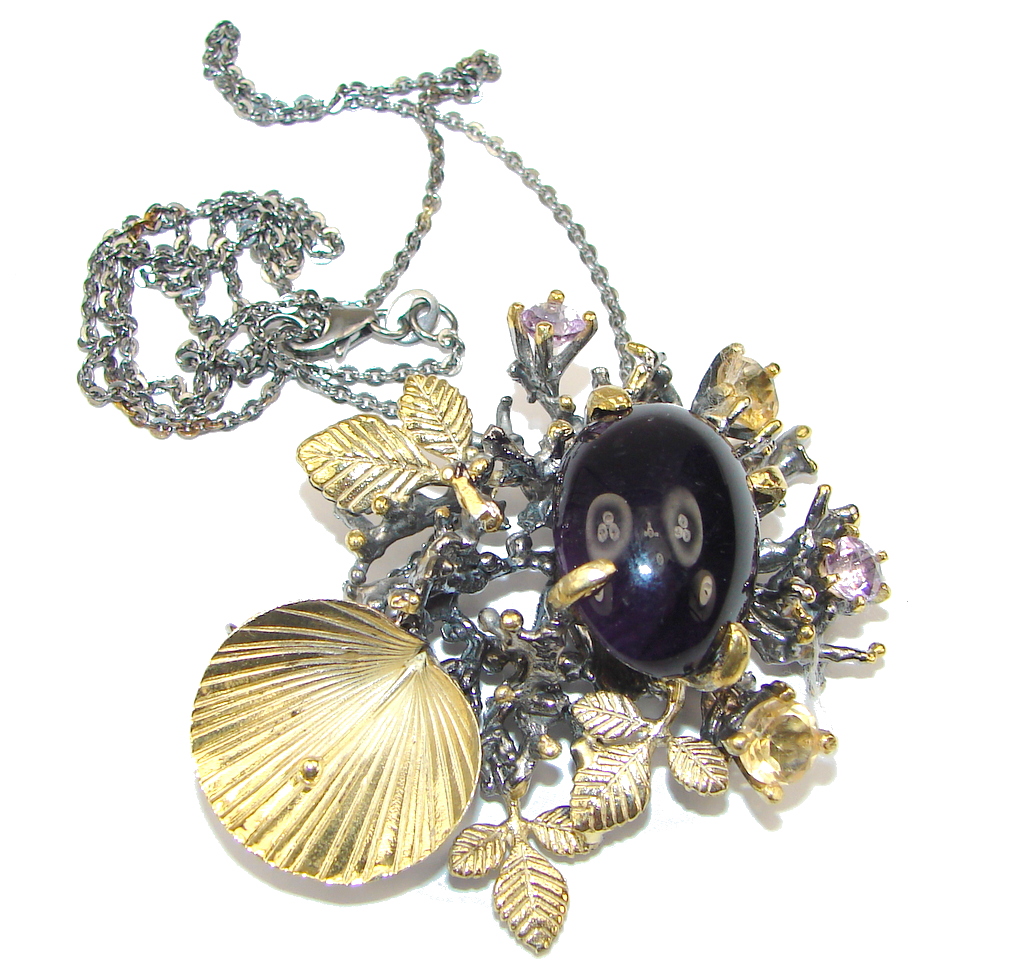 Incredible Design! Natural Amethyst & Citrine, Gold Plated, Rhodium Plated Sterling Silver necklace
