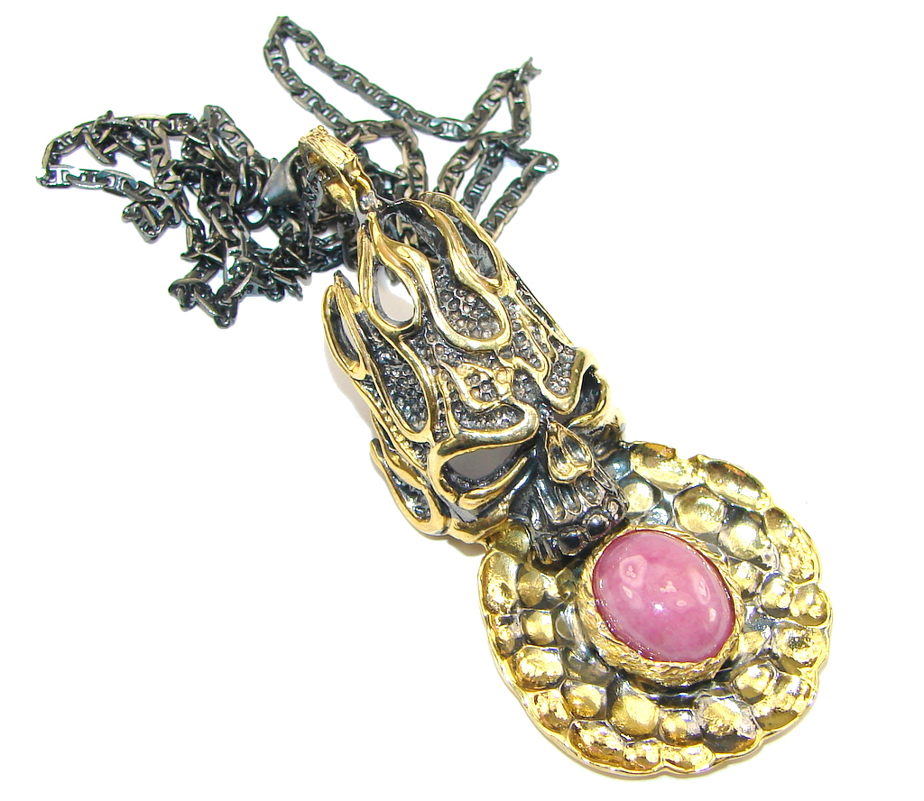 Stylish! Dead Body Skull! Pink Ruby, Gold Plated, Rhodium Plated Sterling Silver necklace